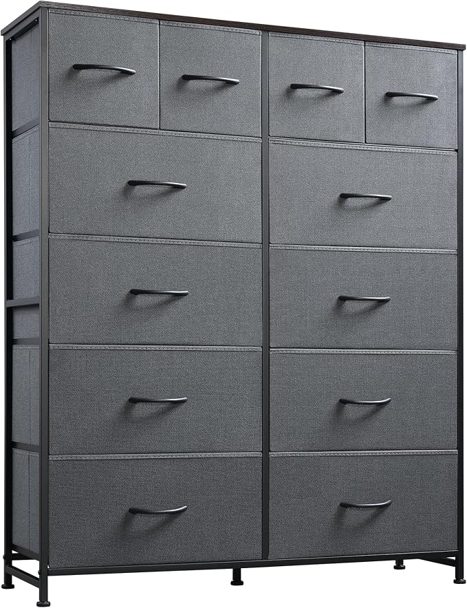 WLIVE Tall Dresser for Bedroom with 12 Drawers, Chests of Drawers, Fabric Dressers for Closet, Living Room, Storage Dresser Organizer with Wood Top, Steel Frame, Dark Grey
