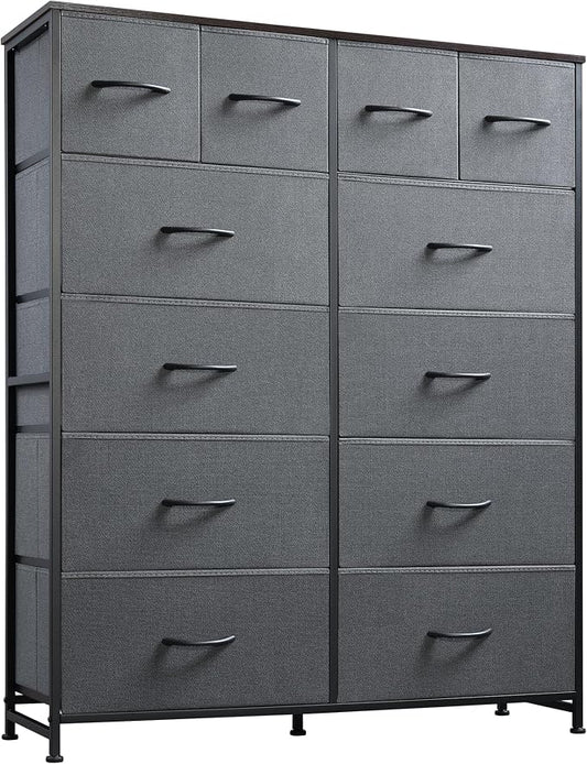 WLIVE Tall Dresser for Bedroom with 12 Drawers, Chests of Drawers, Fabric Dressers for Closet, Living Room, Storage Dresser Organizer with Wood Top, Steel Frame, Dark Grey