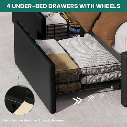 YITAHOME King Size Bed Frame with 4 Storage Drawers and RGB LED Lights, 57'' Tall Headboard Velvet Upholstered Bed with Charging Station, No Box Spring Needed, Easy Assembly, Noise-Free, Black