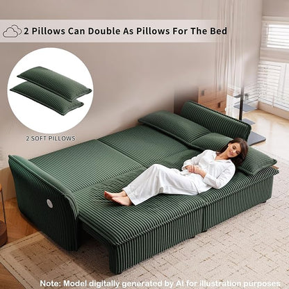 85'' Sofa Bed Full Size, Tool-Free Assembly, 3 in 1 Convertable Sleeper Sofa, Corduroy Couches with Pull Out Bed, USB & Storage, Modern Loveseat for Small Space, Living Room, Corduroy Green