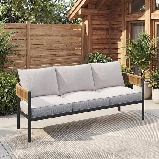Gand Patio Outdoor 3-Seat Couch Sofa, Wicker Conversation Set with Thick Cushion for Porch, Garden, Yard, Natural