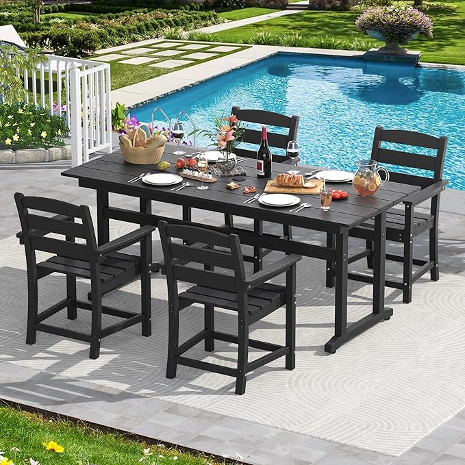 nalone 5-Piece Patio Dining Table Set, HDPE Outdoor Dining Sets with Table and 4 Chairs, Dining Furniture Set with Umbrella Hole (Black, 5 Pcs)