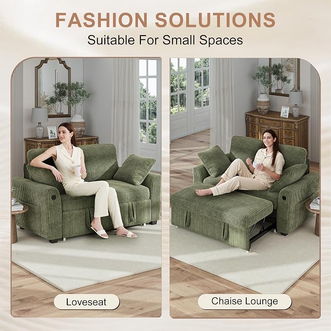 Hanherry 59" Loveseat Sofa with Pull Out Couch Bed, Corduroy 2-in-1 Convertible 2 Seater Sleeper Sofa with USB Charging,Comfy Love Seat for Small Spaces Living Room Apartment