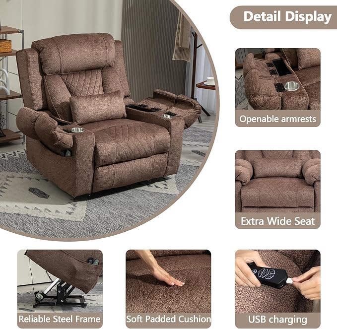 FUNECORP Big Man Power Lay Flat Lift Chair Oversized Recliner Dual Motor Heat Vibration for Elderly, Overstuffed Electric Extra Wide Recliners with Flip Arm Storage Cup Holders,USB Type C Charging
