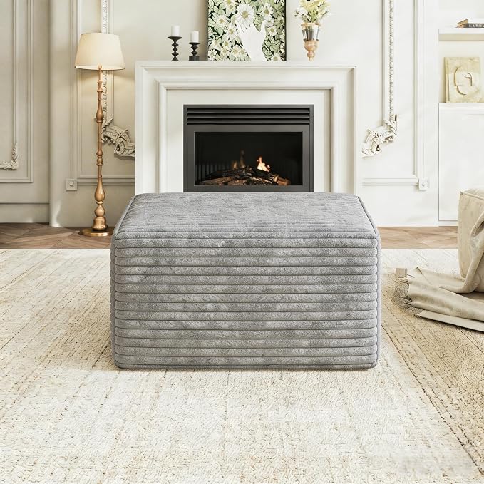 25.6 Inch Plush Corduroy Ottoman, Modular Sectional Foot Rest for Living Room, Upholstered Cloud Ottoman for Boneless Couch in a Box, Compressed Memory Foam, No Assembly Require, Light Grey