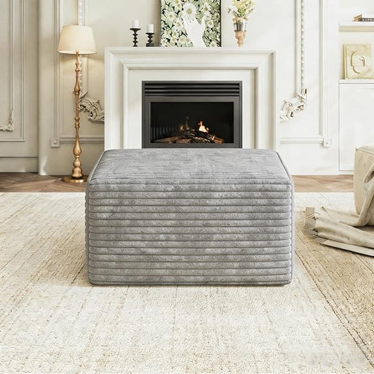 25.6 Inch Plush Corduroy Ottoman, Modular Sectional Foot Rest for Living Room, Upholstered Cloud Ottoman for Boneless Couch in a Box, Compressed Memory Foam, No Assembly Require, Light Grey