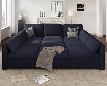 Oversized Modular Sectional Sleeper Sofa Bed Cloud Couches Blue | Deep Seat Couch for Living Room, 9 Seater Luxury Comfortable Sofa with Ottoman, Solid Wood Frame, Removable Washable Cover