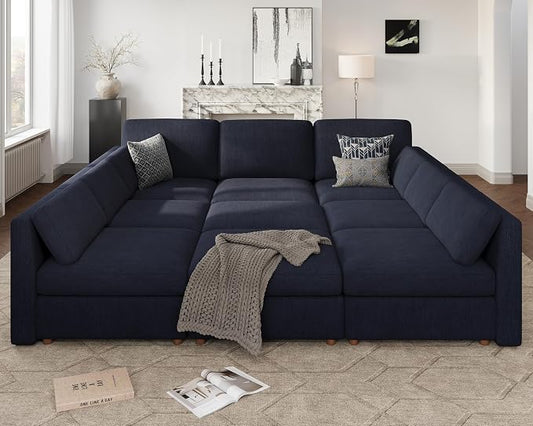 Oversized Modular Sectional Sleeper Sofa Bed Cloud Couches Blue | Deep Seat Couch for Living Room, 9 Seater Luxury Comfortable Sofa with Ottoman, Solid Wood Frame, Removable Washable Cover