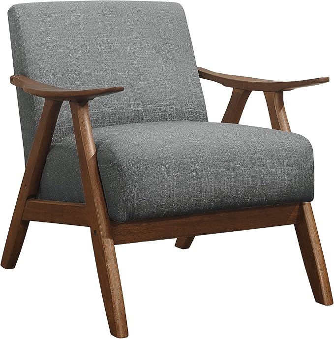 Lexicon Mid Century Modern Accent Chair with Solid Wood Frame in Walnut Finish, Upholstered Living Room Lounge Arm Chair, Thick and Comfy Innerspring Seat Cushion, Linen-Look Fabric, Gray