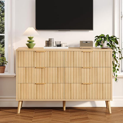 Fluted 6 Drawers Dresser for Bedroom, Wooden Wide Chest of Drawers with Metal Handle, Dresser TV Stand, Closet Storage Organizer for Entryway, Living Room, Hallway (Natural)
