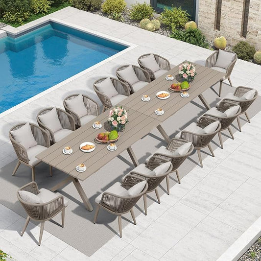 PURPLE LEAF 16 Pieces Patio Dining Set Wicker Outdoor Furniture Rectangular Table and Chairs Set for Garden Deck Aluminum Frame Backyard Kitchen Set, Cushions and Pillows Included Champagne
