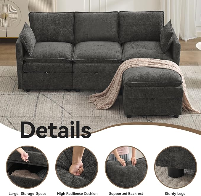 80" Cloud Modular 3 Seater Sofa with Storage Ottoman, Modern Upholstered Storage Sofa Couch Deep Seat, L Shape Sectional Sofa Chenille Comfy Couch with Armrests for Living Room, Small Space, Dark Grey
