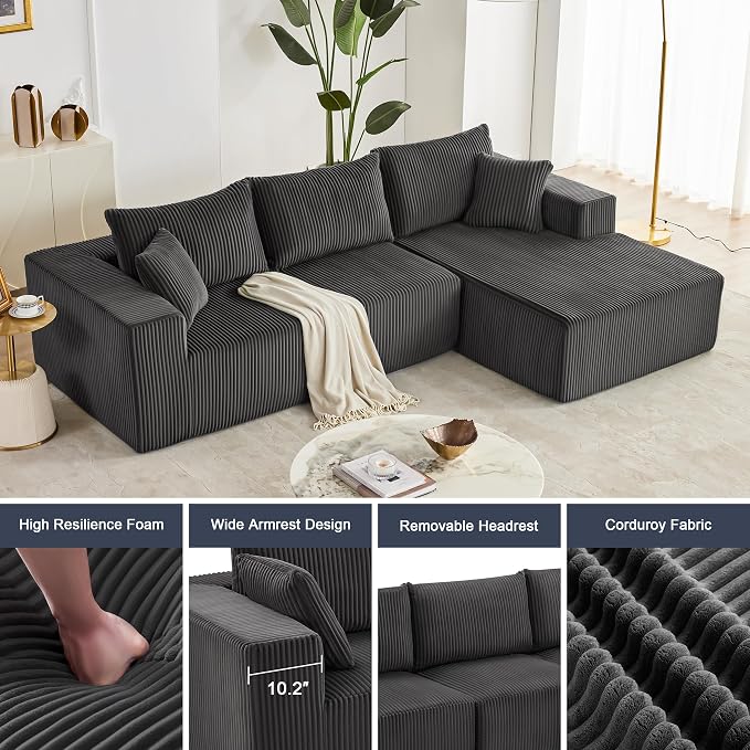 Weture 108” Modular Sectional Sofa, Cloud Sectional Couch with Deep Seat, Modern Modular L-Shape Sofa with Chaise,Upholstered Boneless Couches for Living Room Bedroom (Corduroy, Darkgrey)