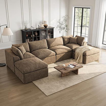 Cloud Sectional Couches for Living Room | 144 Inch U-Shaped Boneless Couch with Ottoman | Brown Modular Sectionals Sofa Couch