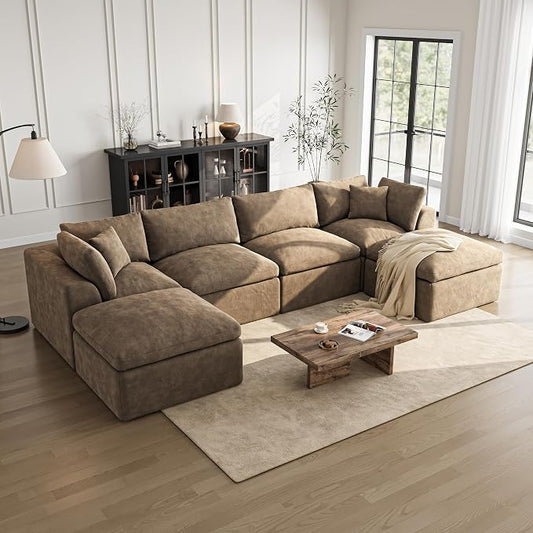 Cloud Sectional Couches for Living Room | 144 Inch U-Shaped Boneless Couch with Ottoman | Brown Modular Sectionals Sofa Couch