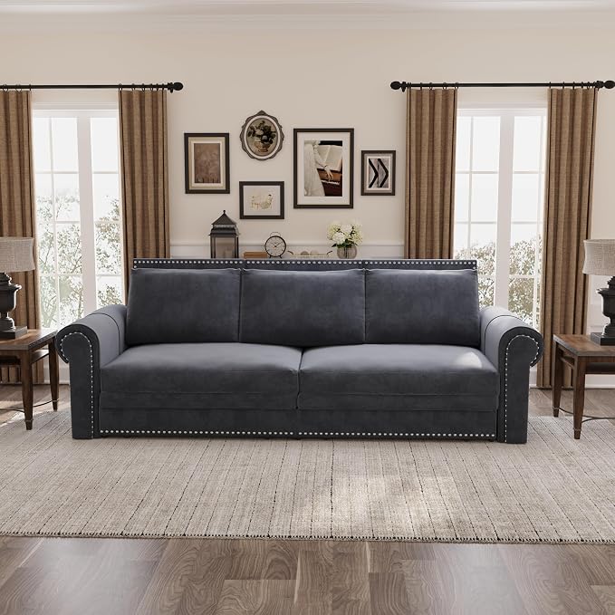 93.7" King Size Sleeper Sofa Bed, Pull Out Sofa Bed, Velvet Upholstery, 3 in 1 Convertible Sleeper Couch, Chaise Lounge, Retro Recliner for Living Room, Office, Apartment, Grey