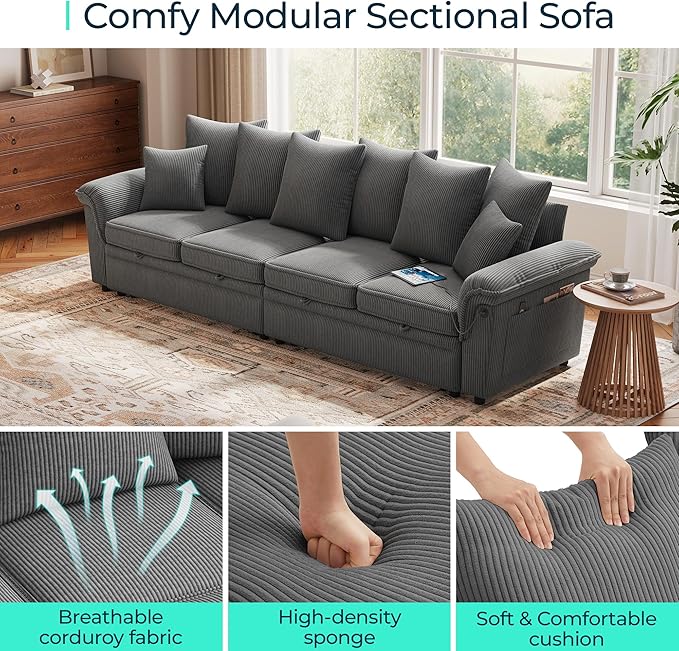 LINSY HOME Oversized Sectional Sleeper Sofa with Pull Out Couch Bed (Gray, 110.5'') | USB Charging