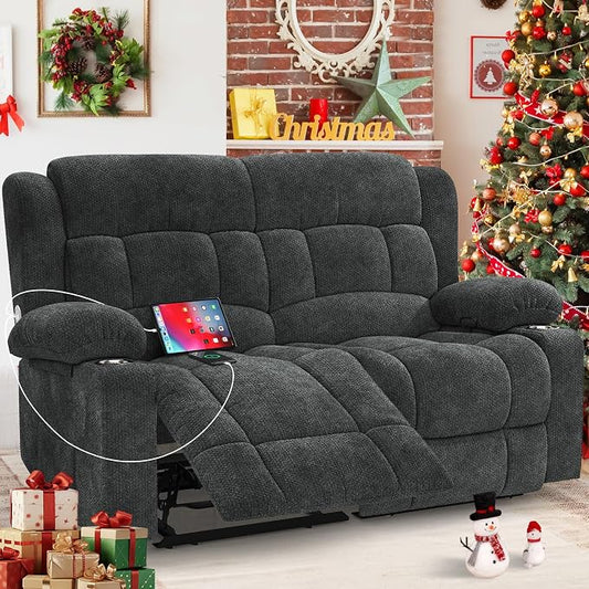 Loveseat Recliner Sofa, 2 Seater Minimalist Style Fabric Manual Pull Tab Reclining Loveseat with USB Charge Ports, Cup Holders, Recliner Love Seat Couches for Living Room, RV, Gray