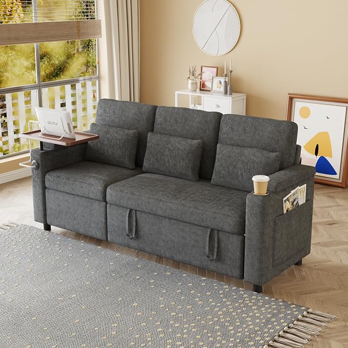 83" Recliner Sofa Bed, 3-in-1 Chenille Sleeper Sofa, Pull Out Couch Adjustable Backrest, USB, Side Pocket, Table, Cup Holder, Cloud Couch for Living Room, Apartment, Small Space, Dark Gray