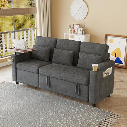 83" Recliner Sofa Bed, 3-in-1 Chenille Sleeper Sofa, Pull Out Couch Adjustable Backrest, USB, Side Pocket, Table, Cup Holder, Cloud Couch for Living Room, Apartment, Small Space, Dark Gray