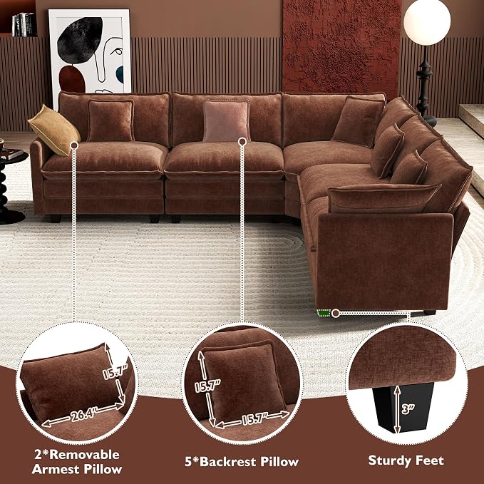 Ihanherry 114" V-Shaped Modern Sofa Modular Sectional Luxurious and Comfortable with Corner Section, 5-Seat Chenille Deep Seat Sofa with 5 Pillows for Living Room, Bedroom and Apartment, Brick Red