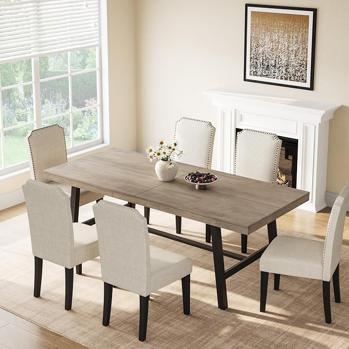 GarveeHome Industrial Dining Table for 6-8 People, 78.74" Long Large Kitchen Table with Sturdy Metal Frame, Rectangular Counter for Dinner, Kitchen, Dining Room (Grey, 79" Non-extendable)