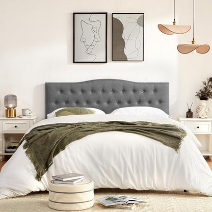 Tufted Headboard Queen Size, Solid Wood Adjustable Height Head Board, Gray | Upholstered Queen Headboard Only with Durable Solid Wood Legs, Adjustable Height 37-51 in, Fabric Button Diamond HeadBoards
