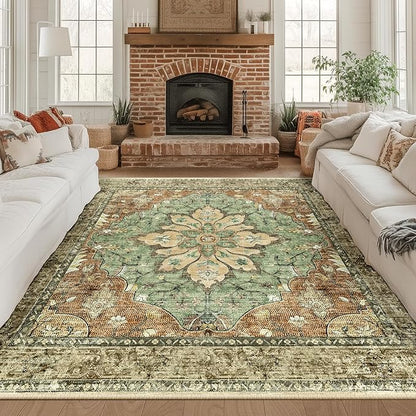 RELEANY Area Rugs Square 8ft Washable Non-Slip, Floral Vintage Distress Medallion Carpet for Living Room Bedroom Dining Room, Terracotta Burnt Orange Green