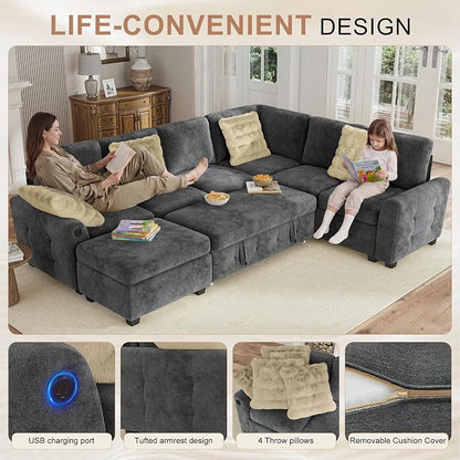 Hanherry Sectional Couch with Pull Out Sofa Bed,Chenille Sleeper Sofa with Storage Ottoman & USB Charging,Comfy L Shaped Modular Couches for Living Room,Apartment