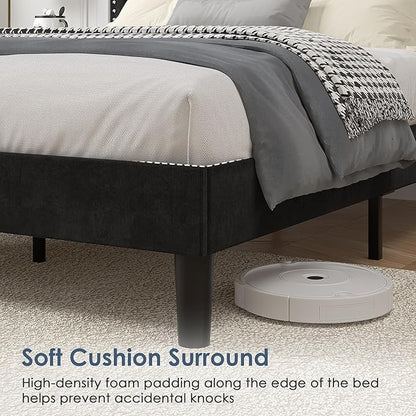 VECELO Full Size Platform Bed Frame with Height Adjustable Upholstered Headboard, Modern Mattress Foundation,Strong Wood Slat Support, No Box Spring Needed, Easy Assembly,Black