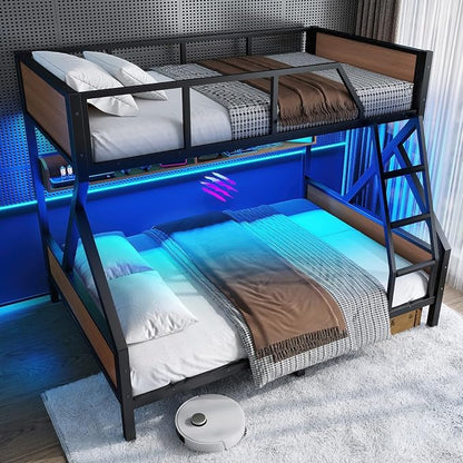 KEIKI Full Over Queen Bunk Bed, Heavy Duty Metal Bunkbed with Storage Shelves, Lights, Bottom Space & Guardrail for Aldults Dorm Bedroom Guest Room, No Box Spring Needed, Noise-Free Design