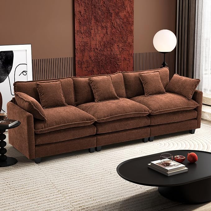 Ihanherry 111.4 Inch 3-Seater Cloud Sofa, Modular Sectional Couch, Modern Deep Seat Sofa for Living Room, Comfy Double Layer Upholstered Seat Cushion, Breathable Chenille Fabric, Brick Red