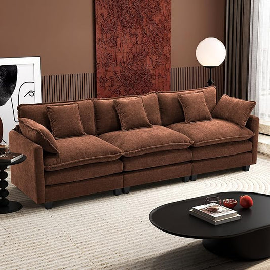 Ihanherry 111.4 Inch 3-Seater Cloud Sofa, Modular Sectional Couch, Modern Deep Seat Sofa for Living Room, Comfy Double Layer Upholstered Seat Cushion, Breathable Chenille Fabric, Brick Red