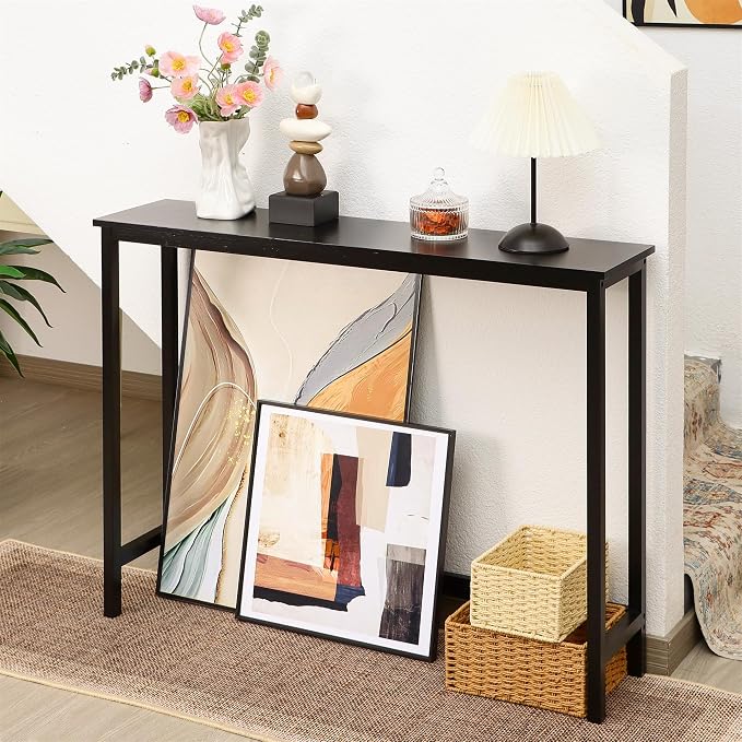 Bamboo Narrow Console Table, 39.4"(L) Wood Small Entryway Table, Accent Slim Hallway Tables, Thin Sofa Side Tables for Hallway, Living Room, Bedroom, Foyer, Black