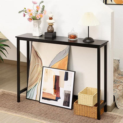 Bamboo Narrow Console Table, 39.4"(L) Wood Small Entryway Table, Accent Slim Hallway Tables, Thin Sofa Side Tables for Hallway, Living Room, Bedroom, Foyer, Black