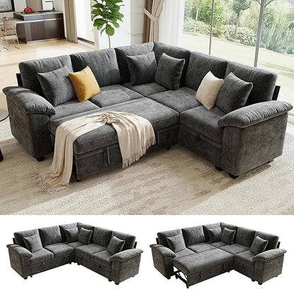 86" Modular Sectional Sleeper Sofa with Pull Out Bed, L Shaped 5 Seat Couch with 151L Storage, Convertible Cloud Couch Bed, Sectional Couches for Living Room, Apartment (Gray)