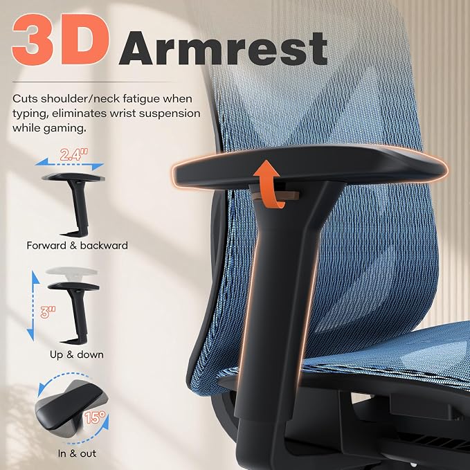 GABRYLLY Ergonomic Office Chair - 135° Reclining Desk Chair with Adjustable Lumbar Support, 3D Armrest, Large Headrest & Heavy Duty Steel Base, 300LBS Mesh Task Chair, Navy Blue
