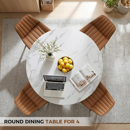 47.3 Inch Round Dining Table Set for 4, Round Kitchen Table with Chairs, Space Saving Dining Room Table set with Storage Shelf for Apartment Kitchen Dining Room, Faux Marble Table+4 Brown Chairs