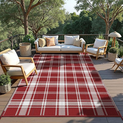 GENIMO Waterproof Outdoor Rug for Patio Clearance, 6'x9' Reversible Plastic Straw Rugs, Lightweight RV Camping Mat for Camper, Balcony, Deck, Backyard, Picnic, Red White Plaid