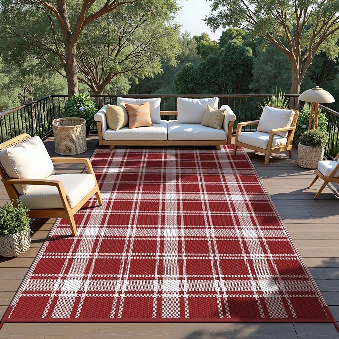 GENIMO Waterproof Outdoor Rug for Patio Clearance, 9'x12' Reversible Plastic Straw Rugs, Lightweight RV Camping Mat for Camper, Balcony, Deck, Backyard, Picnic, Red White Plaid