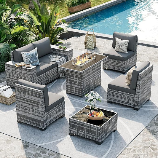 UDPATIO Patio Sectional Sofa with Fire Pit Table, 8 Inch Armrest 7-Piece Wicker Conversation with Waterproof Cover for Backyard Deck, Grey/Dark Grey