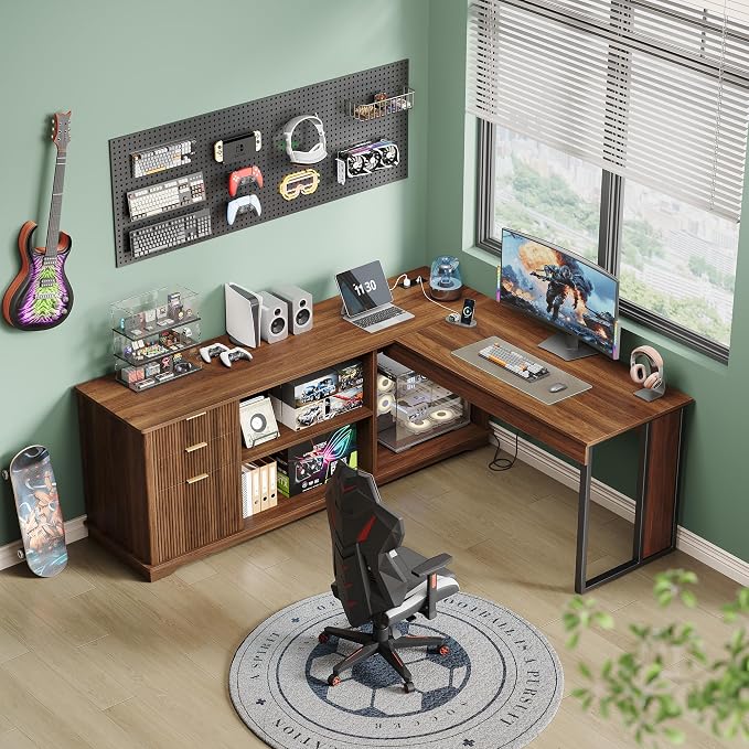 L Shaped Desk with Lift Top & Power Outlets, 63'' x 55'' Executive Computer Desk with 3 Fluted Drawers, Storage Shelves, CPU Stand, Industrial Standing Desk for Office (Schatt Walnut)