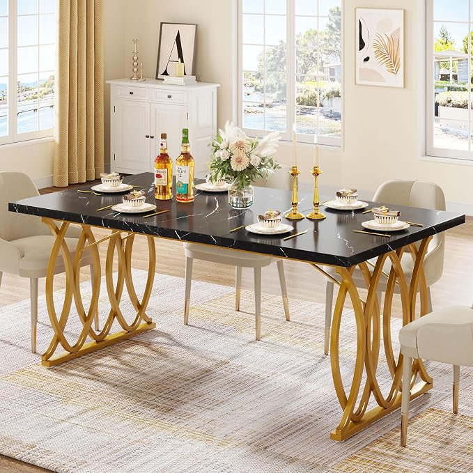 Tribesigns Modern Dining Table, 63" Large Kitchen Table for 4-6 People, Unique Rectangular Dinner Table Kitchen & Dining Room Furniture with Black Faux Marble Tabletop and Geometric Legs