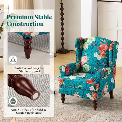 EROMMY Floral Accent Chair, Comfortable High Back Upholstered Armchair with Solid Wood Legs, Leisure Single Sofa Chair for Living Room, Bedroom, Home Office, Teal Floral