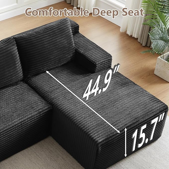 96" Cloud Sectional Couch with L-Shape Chaise, Modular Comfy Sofa Chaise Longue, Upholstered Corduroy Couches Sleeper with Deep Seat for Living Room Bedroom, No Assembly Required(Black, Right Facing)