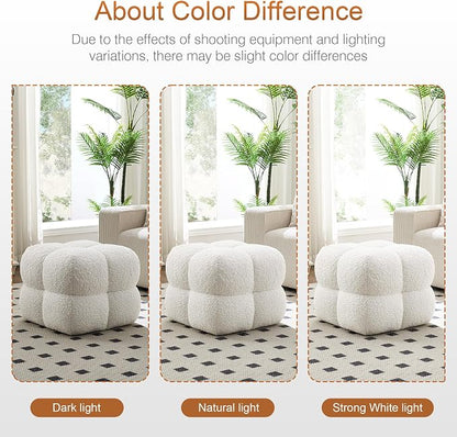 Zesthouse Square Pouf Ottoman Footstool, Modern Backless Vanity Chair for Bedroom, White Fuzzy Foot Rest for Couch, Upholstered Tufted Footstool, Sherpa Fabric Ottoman Coffee Table for Living Room