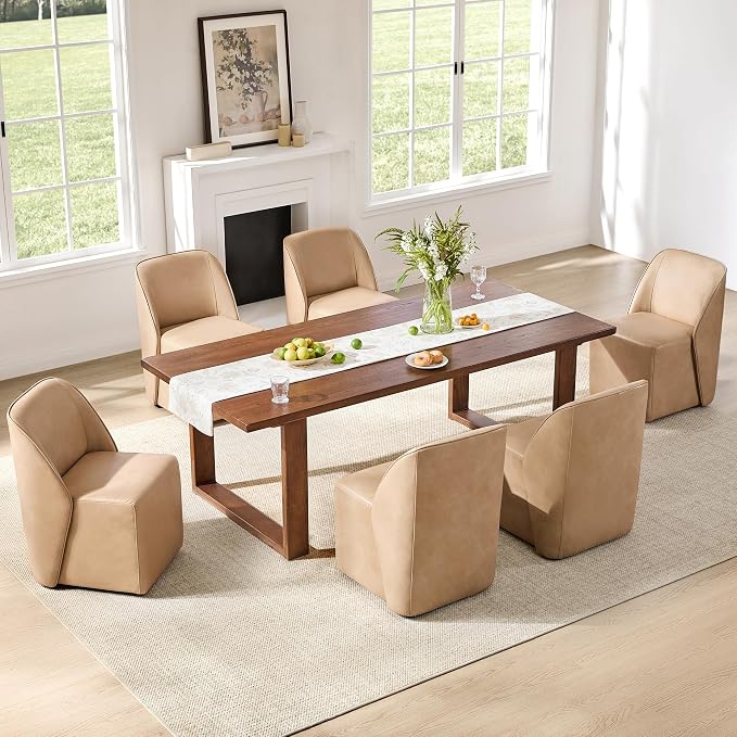 Watson & Whitely Leather Rolling Dining Chairs with Casters, Set of 2, Tan | Upholstered Seat, Removable Rollers, Modern Style, Armless Chairs for Dining Room, Living Room, Bedroom