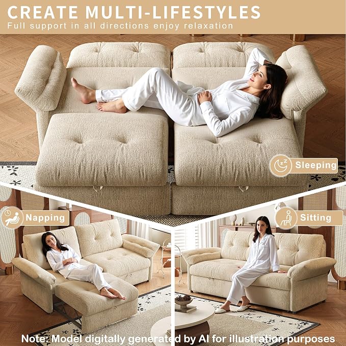 81.5" Pull Out Sofa Bed Full Size, Pre-Assembled Chenille Sleeper Sofa, Convertible Loveseat Futon Couch with Tufted, Pillows, for Apartment, Living Room, Small Spaces, dorms, Beige