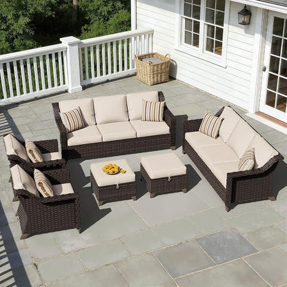 6 Pieces Patio Conversation Furniture Set - 2 Sofas, 2 Armchairs, 2 Ottomans, Outdoor Wicker Furniture with Removable Cushions for Porch, Balcony, Sunroom (Beige)