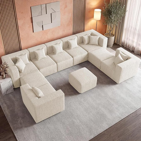 MONVANE Modular Sectional Sofa, Oversized 10 Seat Convertible U Shaped Couch with Ottoman, Comfy Chenille Cloud Couch with Deep Seat, Sectional Couches for Living Room, No Assembly Required, Beige